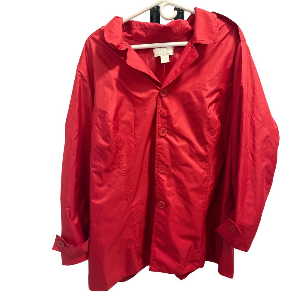 CJ Banks Red Lightweight Button Front Jacket Women 2X Collared Lined Epaulets